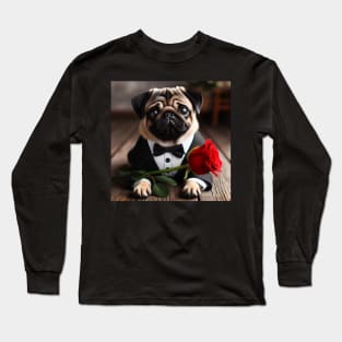 Sad pug dog in tuxedo suit and bow tie with red rose Long Sleeve T-Shirt